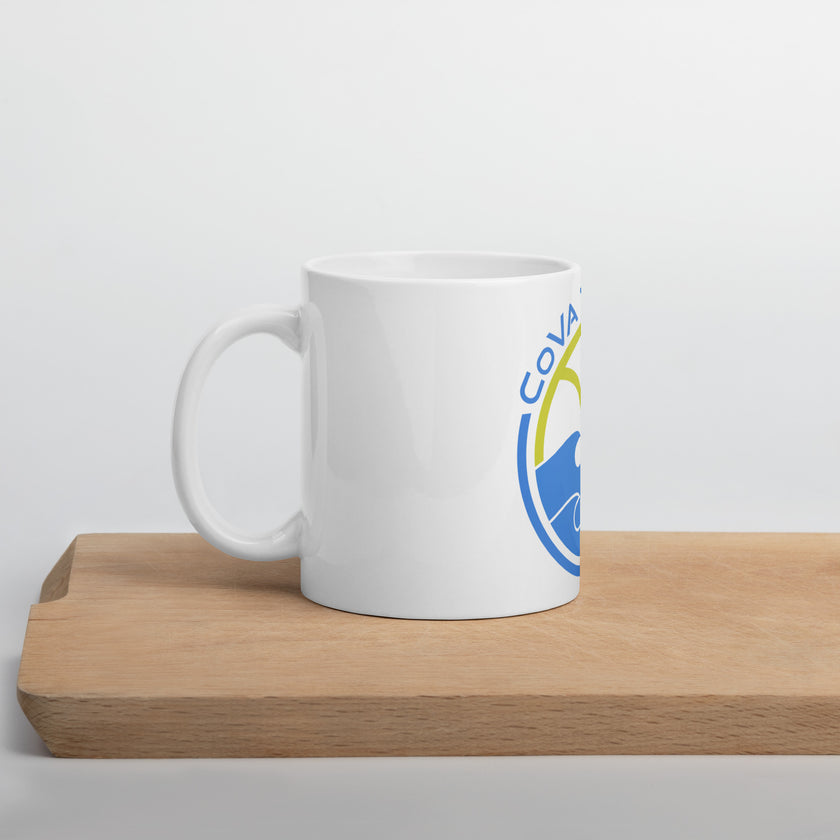 CoVA Tennis Ball & Waves Logo White glossy mug