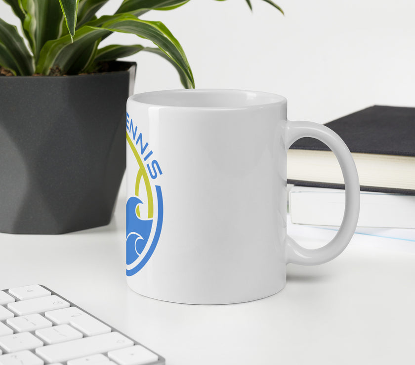 CoVA Tennis Ball & Waves Logo White glossy mug