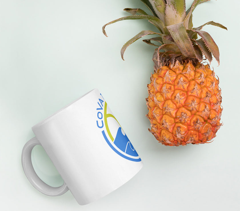 CoVA Tennis Ball & Waves Logo White glossy mug