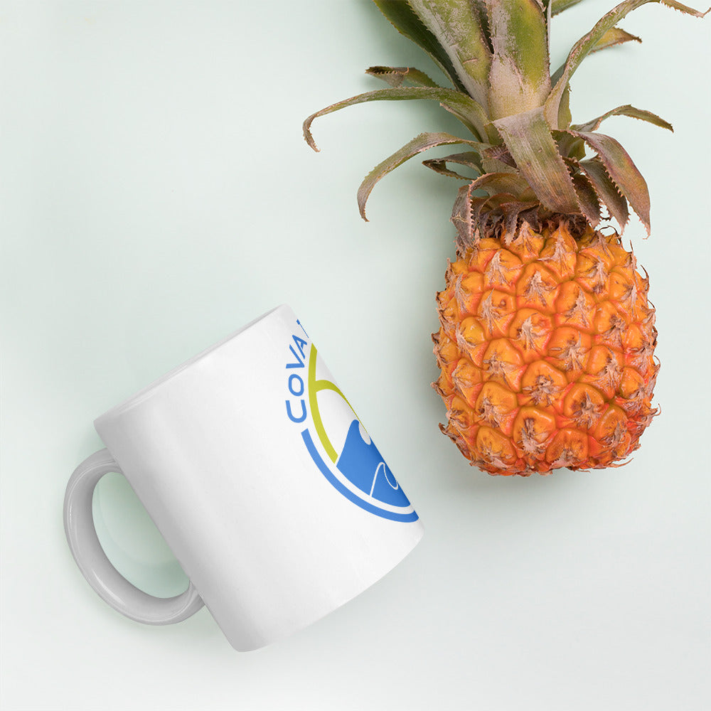 CoVA Tennis Ball & Waves Logo White glossy mug