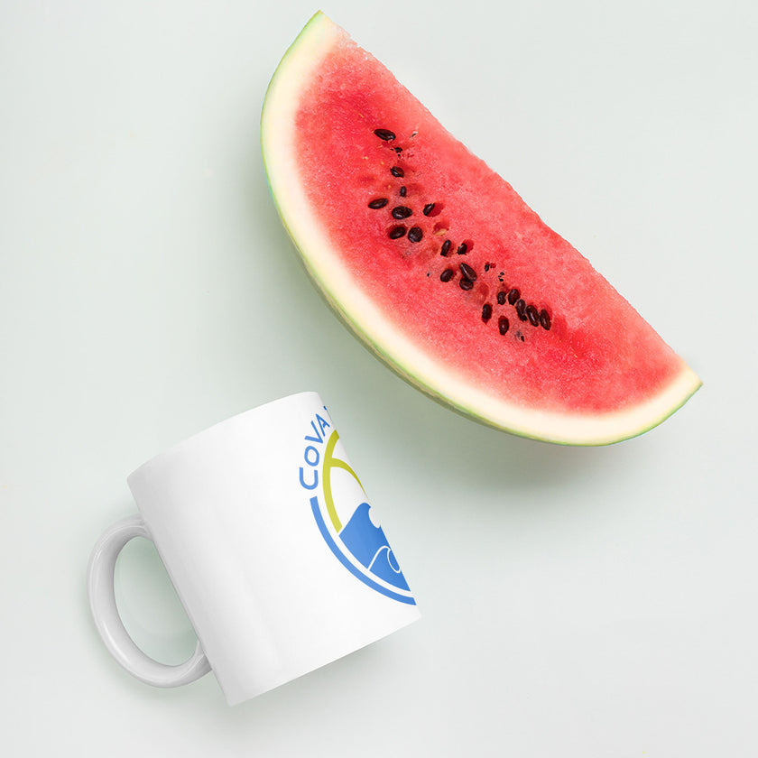 CoVA Tennis Ball & Waves Logo White glossy mug