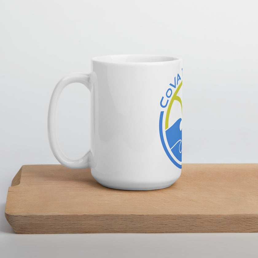 CoVA Tennis Ball & Waves Logo White glossy mug