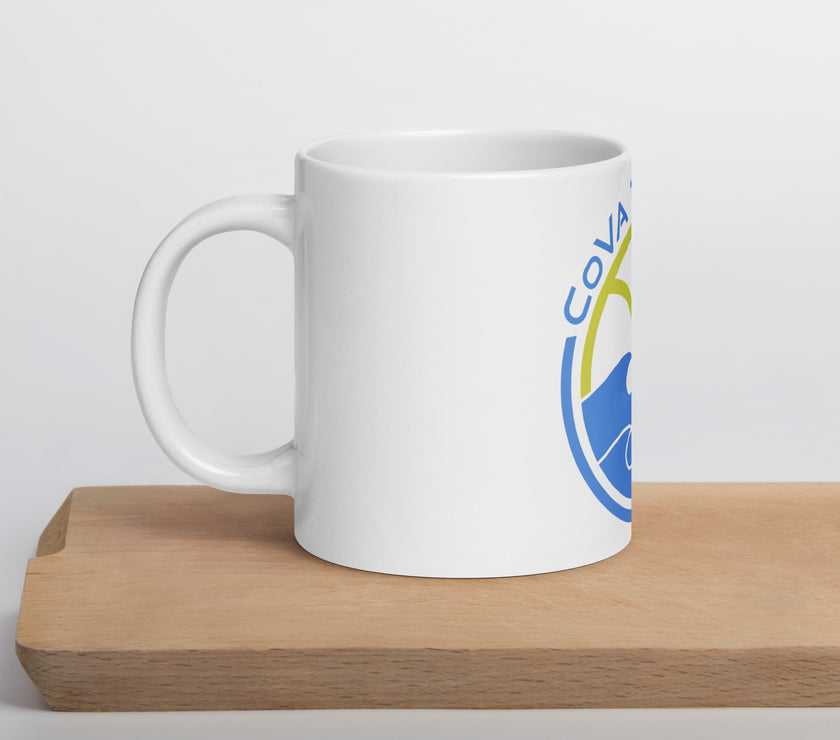 CoVA Tennis Ball & Waves Logo White glossy mug