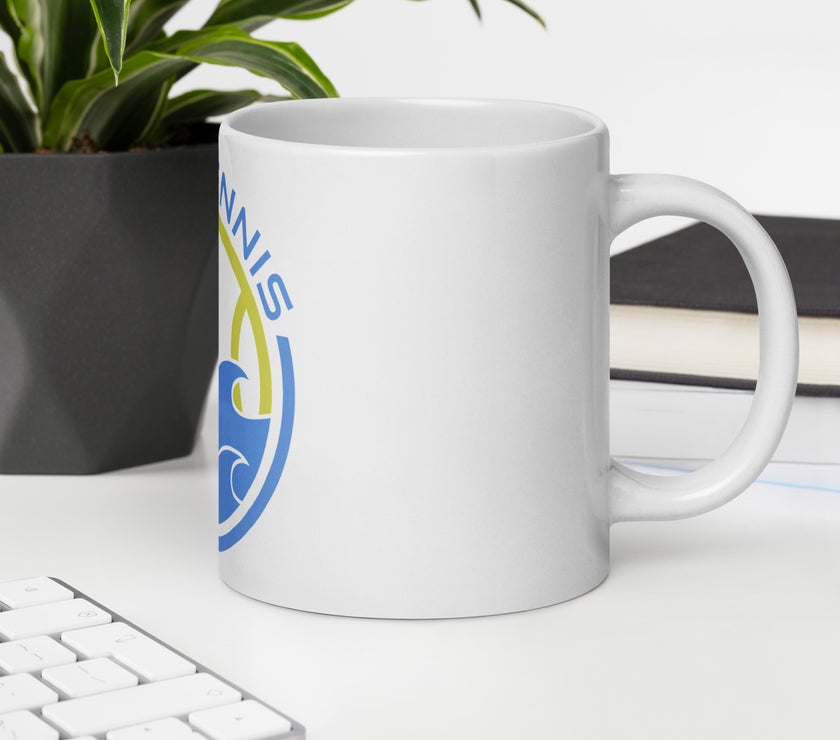 CoVA Tennis Ball & Waves Logo White glossy mug