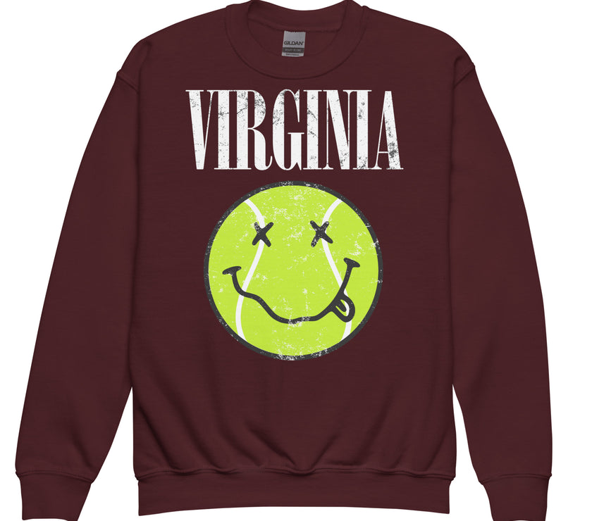 Virginia Smiley Face Tennis Ball by CoVA Tennis Youth crewneck sweatshirt