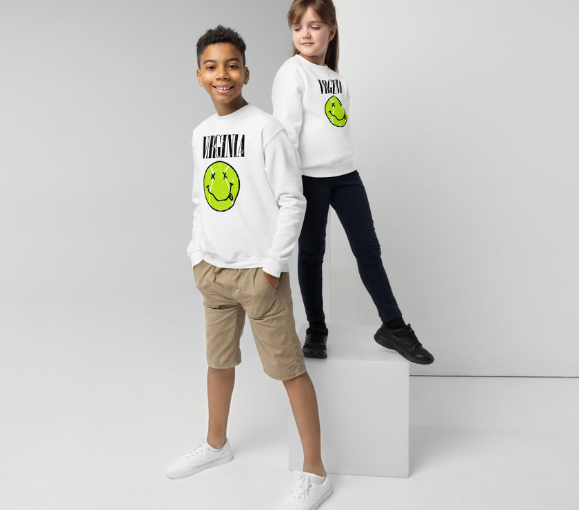 Virginia Smiley Face Tennis Ball by CoVA Tennis Youth crewneck sweatshirt